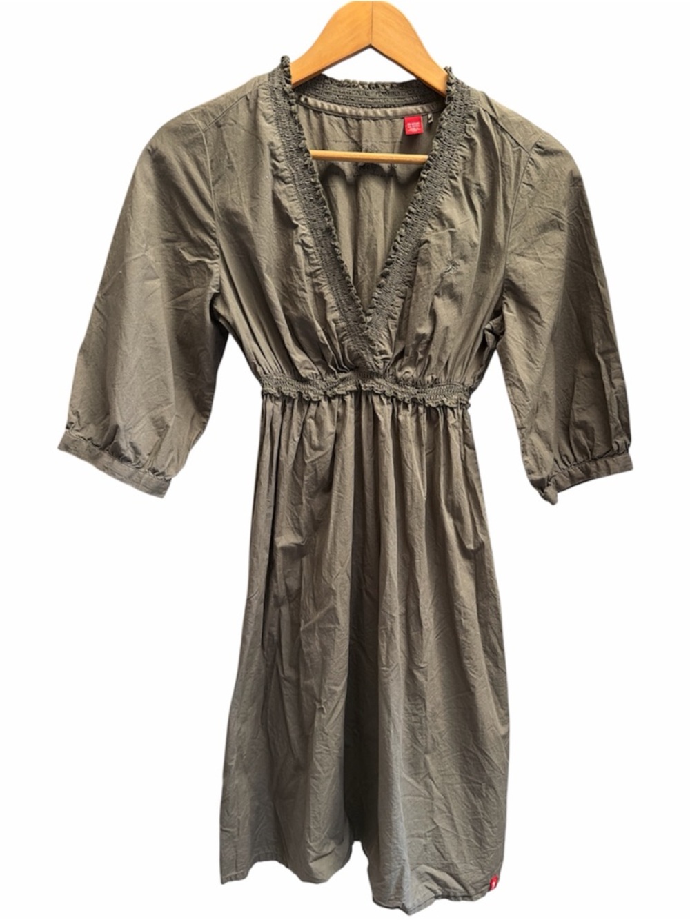 Esprit EDC Cotton Olive V-Neck, 3/4 Sleeve Mini Dress XS-S (EU36)